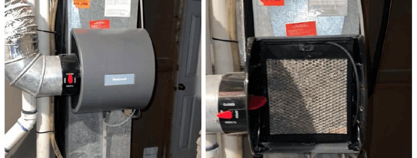 Exterior and interior views of a drip-through style central air humidifier